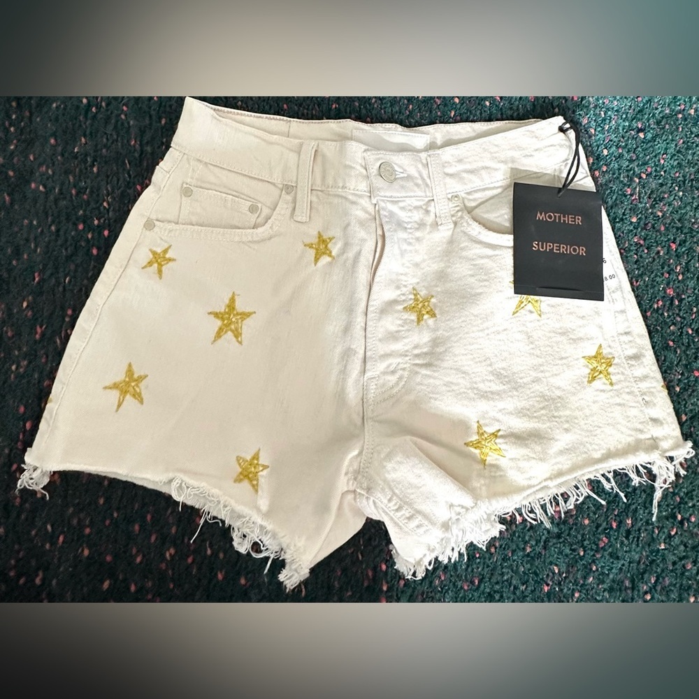 MOTHER Tomcat Kick Fray Star Print Denim Shorts 26 NWT Rare Sold Out